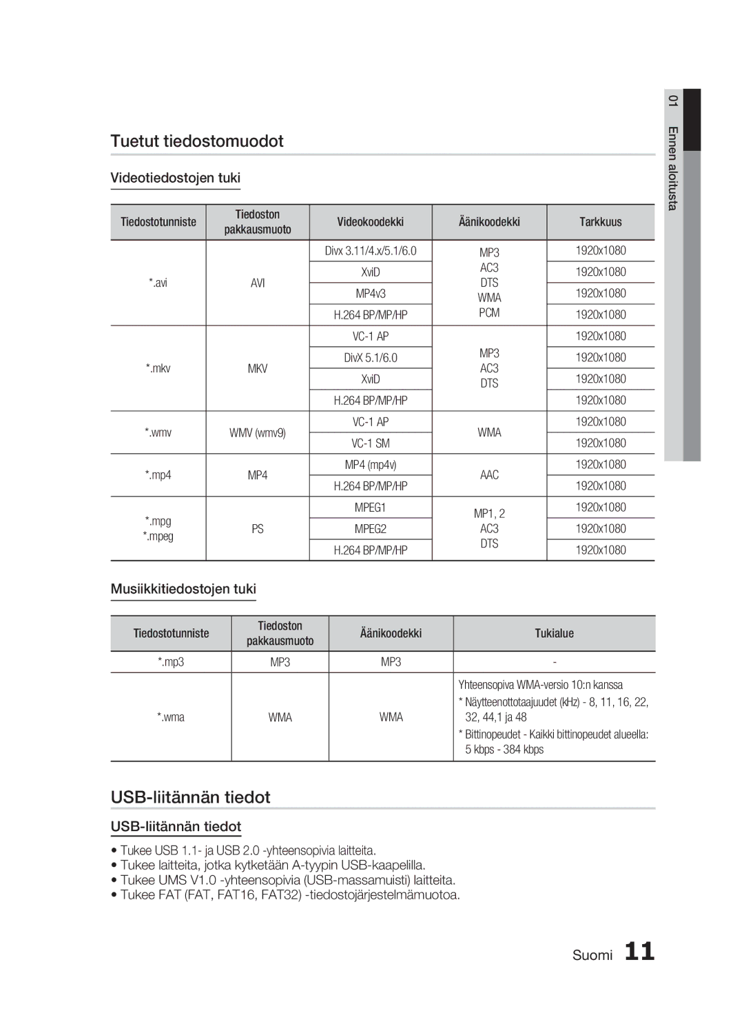 Samsung HT-C7300/XEE manual Tuetut tiedostomuodot, USB-liitännän tiedot, Videotiedostojen tuki, Musiikkitiedostojen tuki 