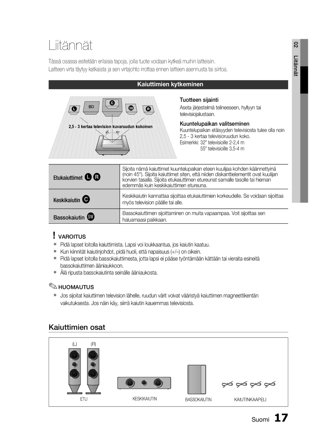 Samsung HT-C7300/XEE manual Liitännät, Kaiuttimien osat, Kaiuttimien kytkeminen 