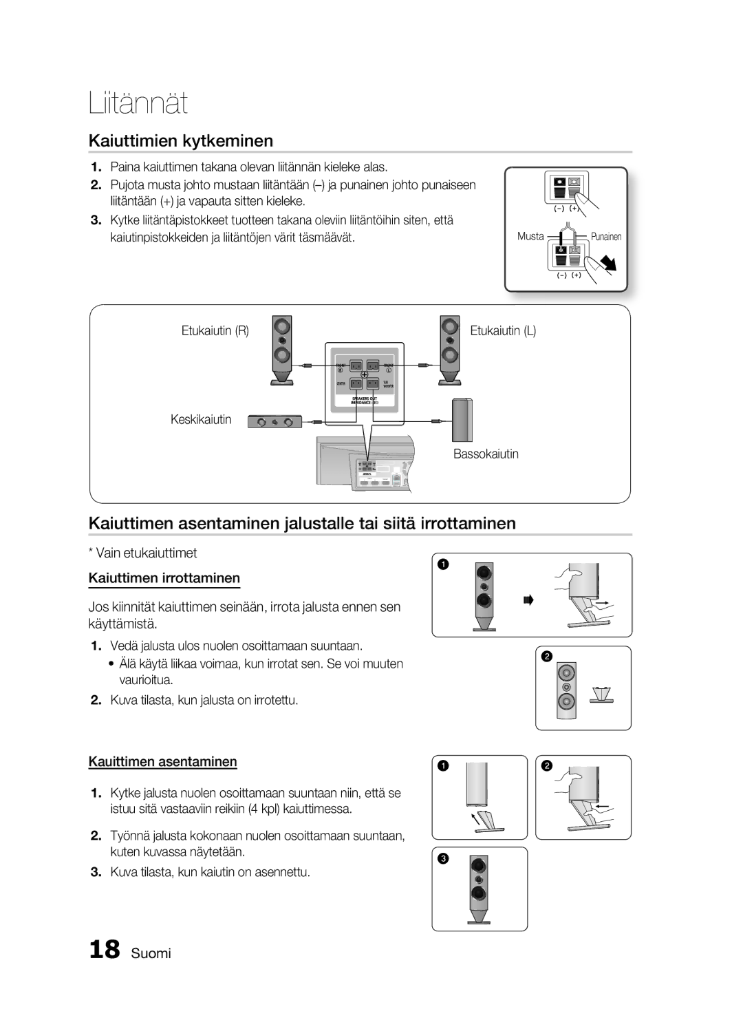 Samsung HT-C7300/XEE manual Kaiuttimien kytkeminen, Kaiuttimen asentaminen jalustalle tai siitä irrottaminen, Etukaiutin R 