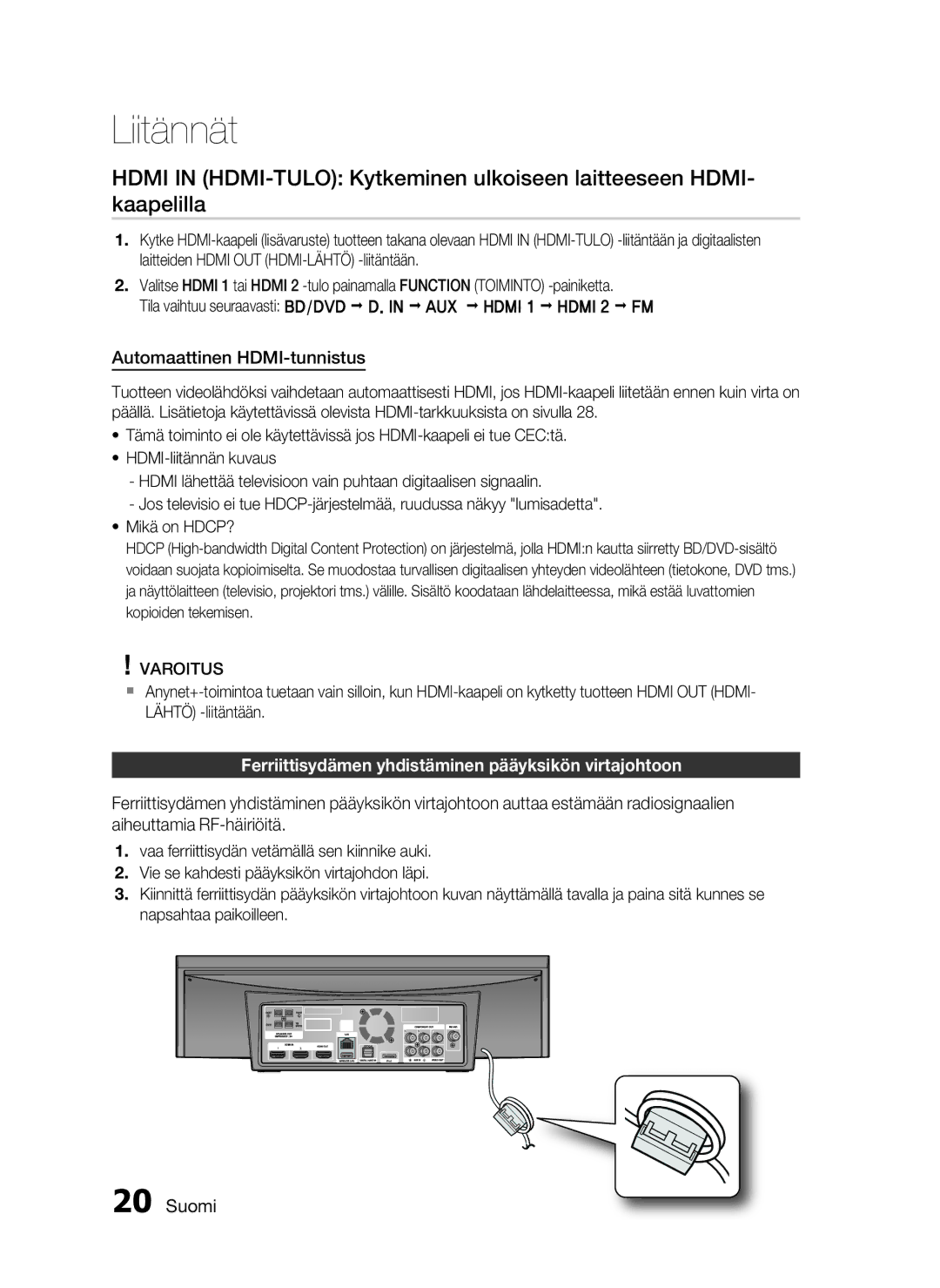 Samsung HT-C7300/XEE manual Automaattinen HDMI-tunnistus, Ferriittisydämen yhdistäminen pääyksikön virtajohtoon 