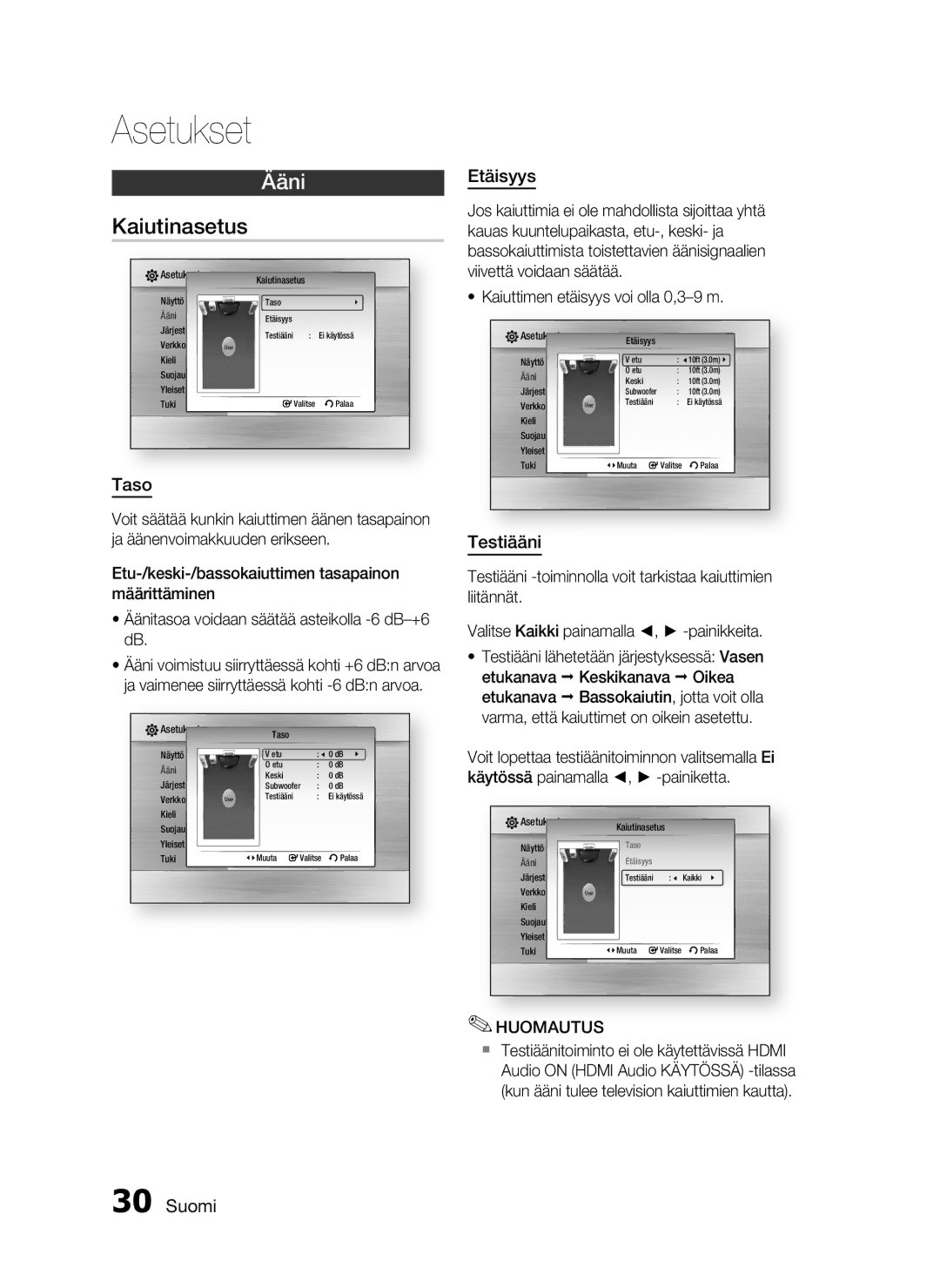 Samsung HT-C7300/XEE manual Kaiutinasetus, Taso, Etäisyys, Testiääni 