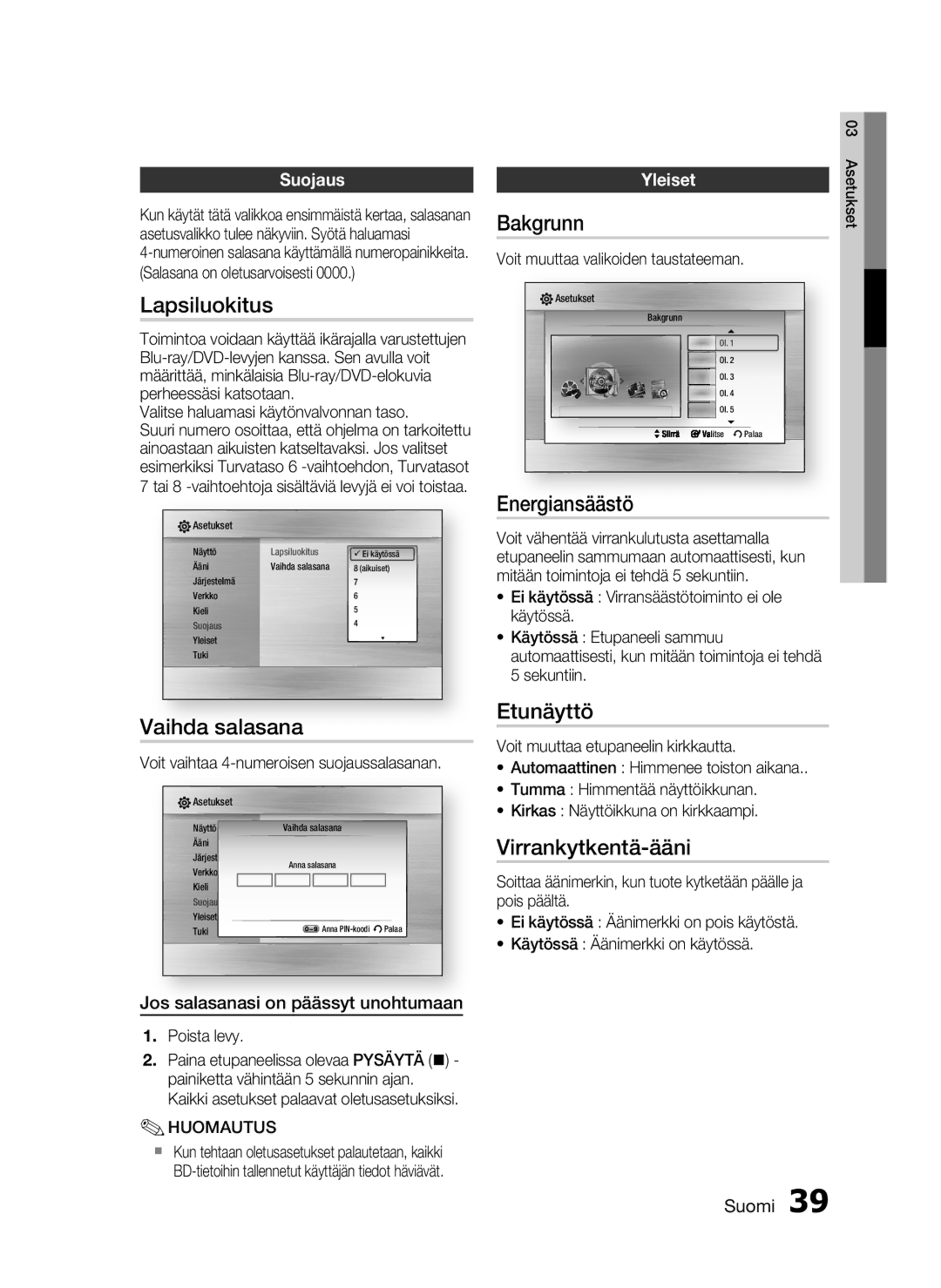 Samsung HT-C7300/XEE manual Lapsiluokitus, Vaihda salasana, Bakgrunn, Energiansäästö, Etunäyttö, Virrankytkentä-ääni 