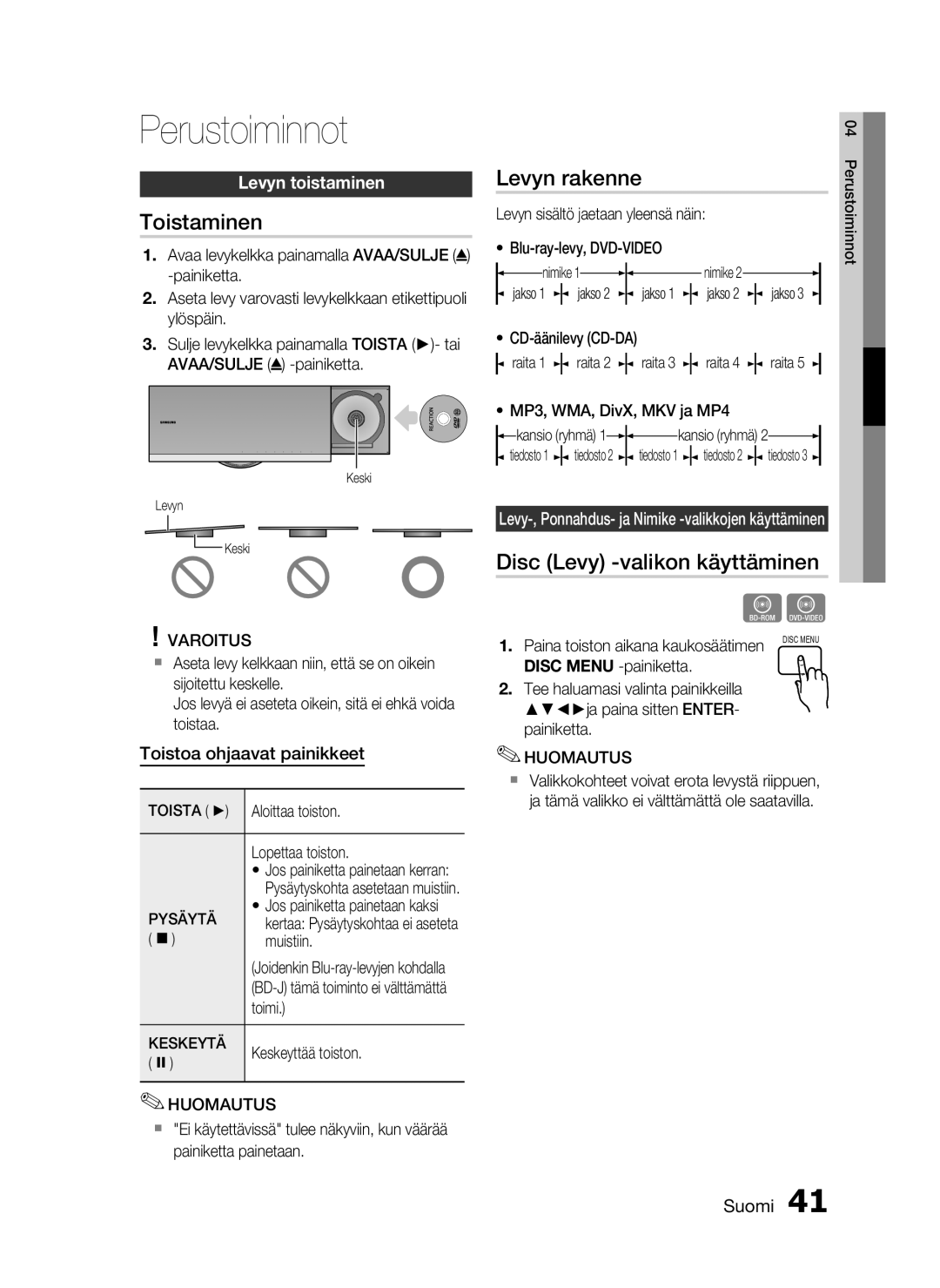 Samsung HT-C7300/XEE manual Perustoiminnot, Toistaminen, Levyn rakenne, Disc Levy -valikon käyttäminen, Levyn toistaminen 