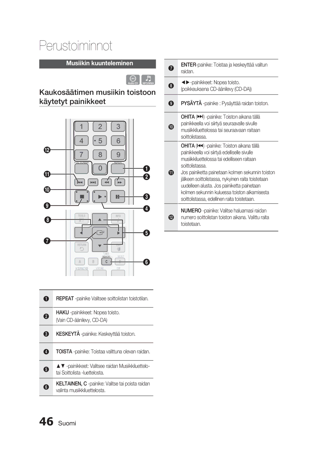 Samsung HT-C7300/XEE manual Kaukosäätimen musiikin toistoon käytetyt painikkeet, Musiikin kuunteleminen 