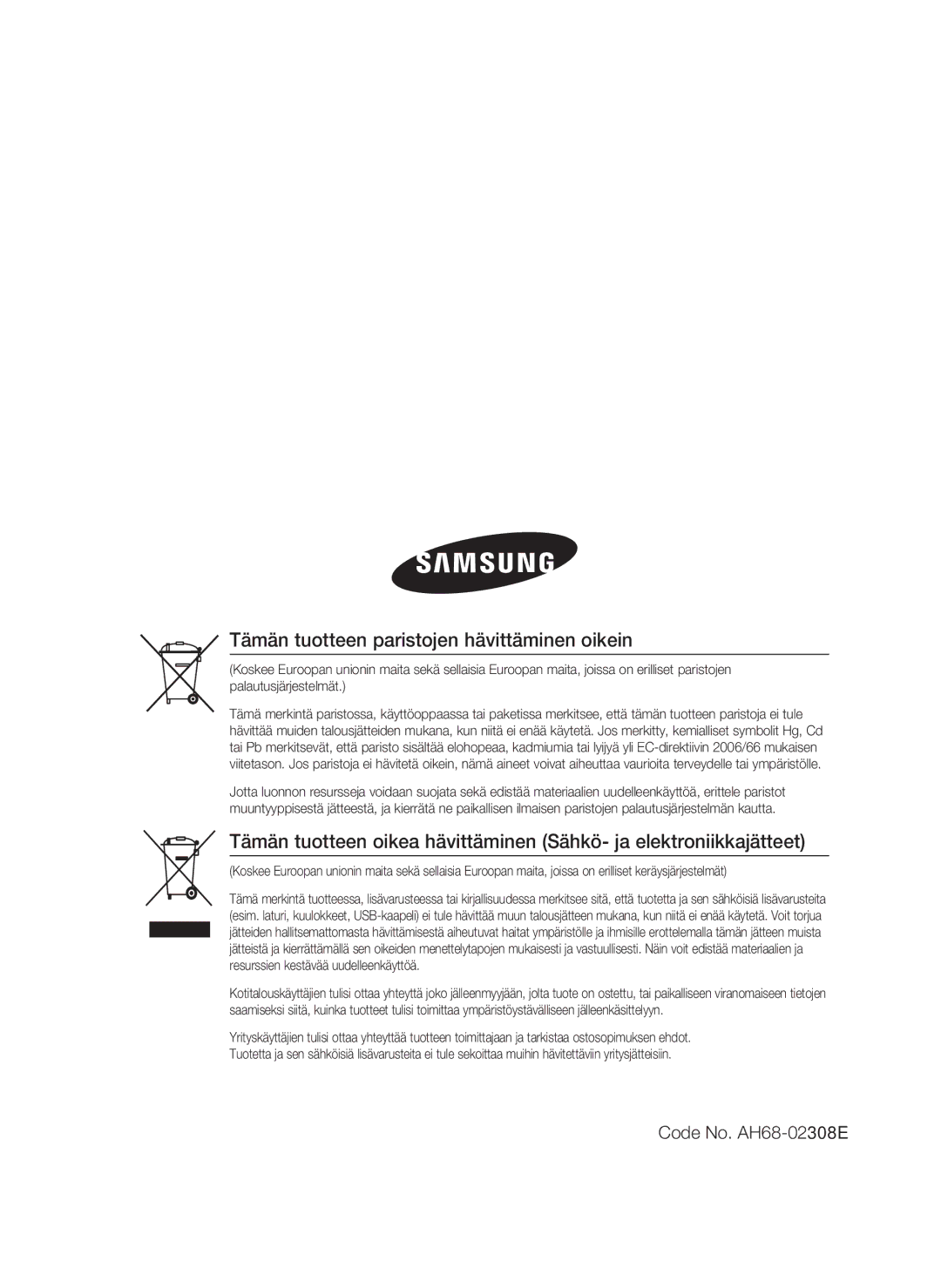 Samsung HT-C7300/XEE manual Tämän tuotteen paristojen hävittäminen oikein 