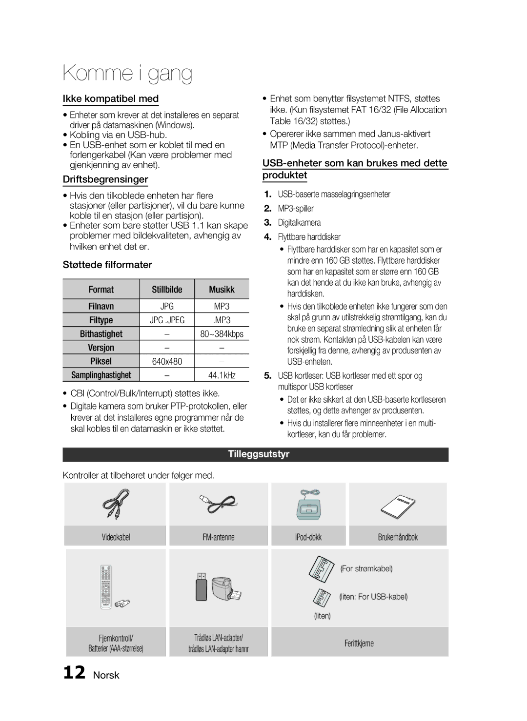 Samsung HT-C7300/XEE manual Ikke kompatibel med, Driftsbegrensinger, Støttede ﬁlformater, Tilleggsutstyr 