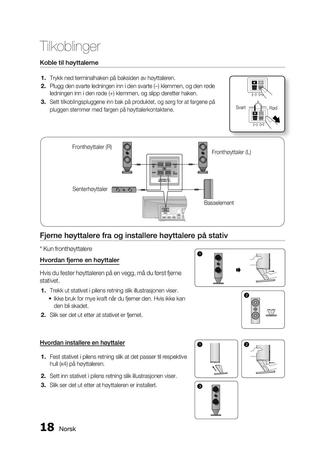 Samsung HT-C7300/XEE manual Fjerne høyttalere fra og installere høyttalere på stativ, Koble til høyttalerne, Rød 