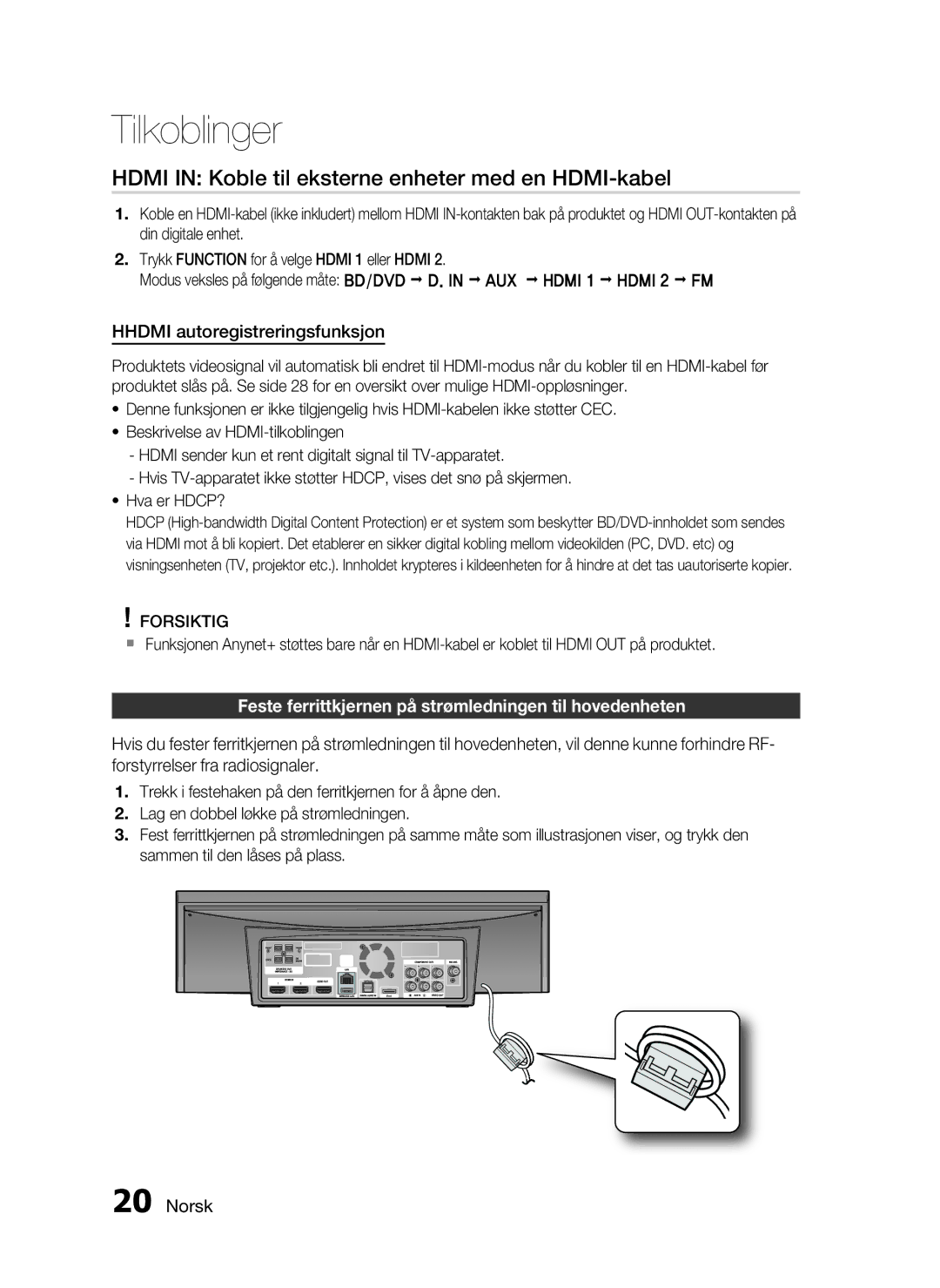 Samsung HT-C7300/XEE manual Hdmi in Koble til eksterne enheter med en HDMI-kabel, Hhdmi autoregistreringsfunksjon 