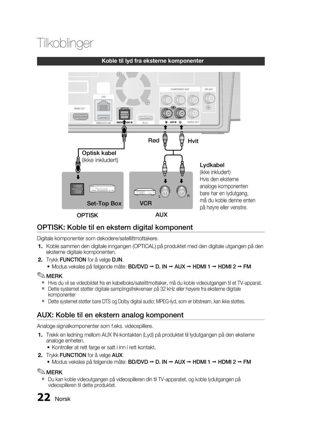 Samsung HT-C7300/XEE manual Optisk Koble til en ekstern digital komponent, AUX Koble til en ekstern analog komponent 