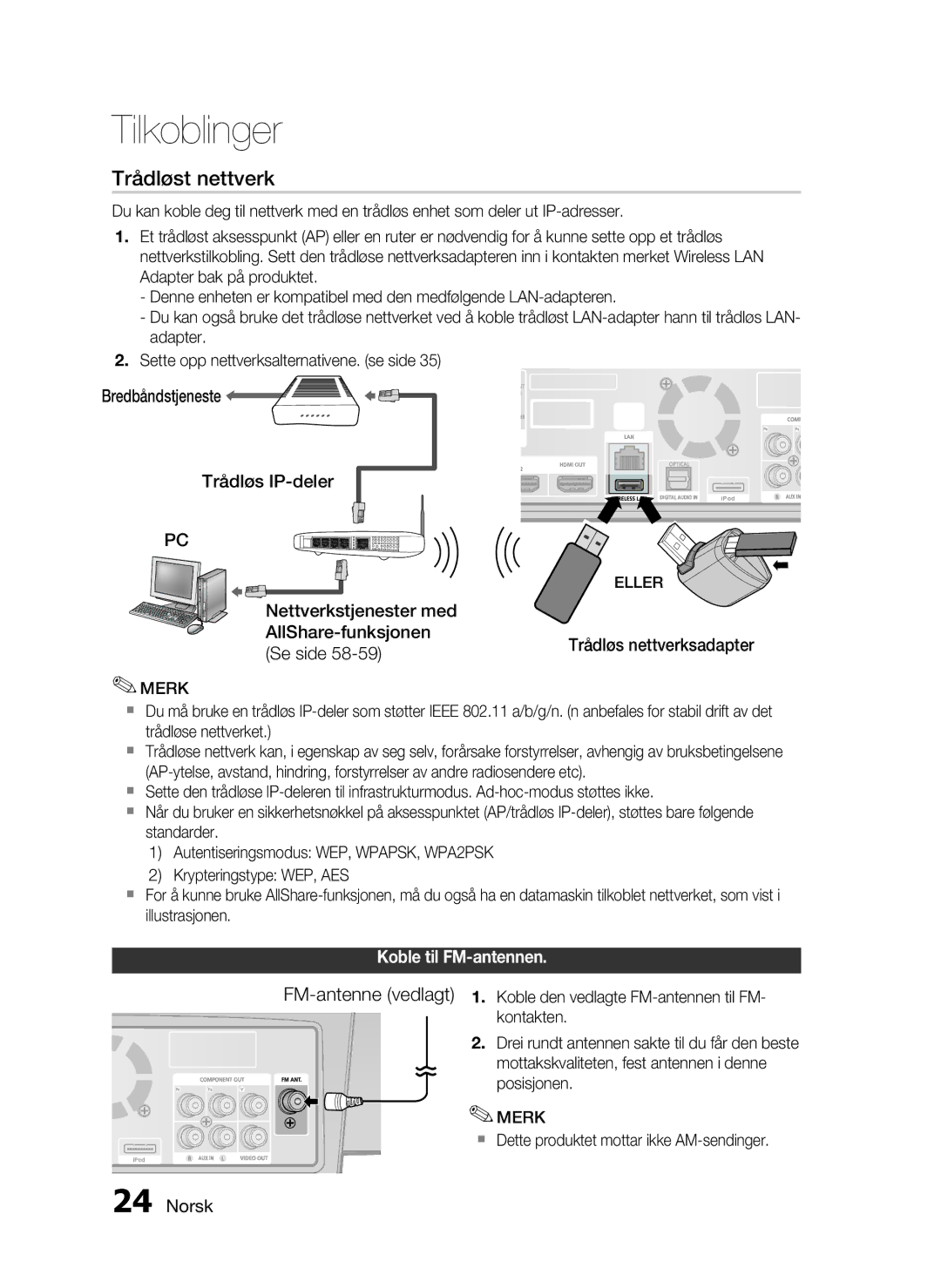 Samsung HT-C7300/XEE Trådløs nettverksadapter, Koble til FM-antennen, Eller,  Dette produktet mottar ikke AM-sendinger 