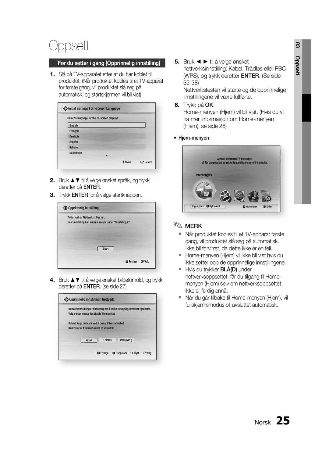 Samsung HT-C7300/XEE manual Oppsett, Bruk til å velge ønsket, WPS, og trykk deretter ENTER. Se side 35-38 