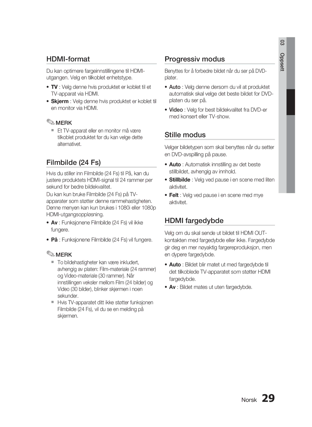 Samsung HT-C7300/XEE manual HDMI-format, Filmbilde 24 Fs, Progressiv modus, Stille modus, Hdmi fargedybde 