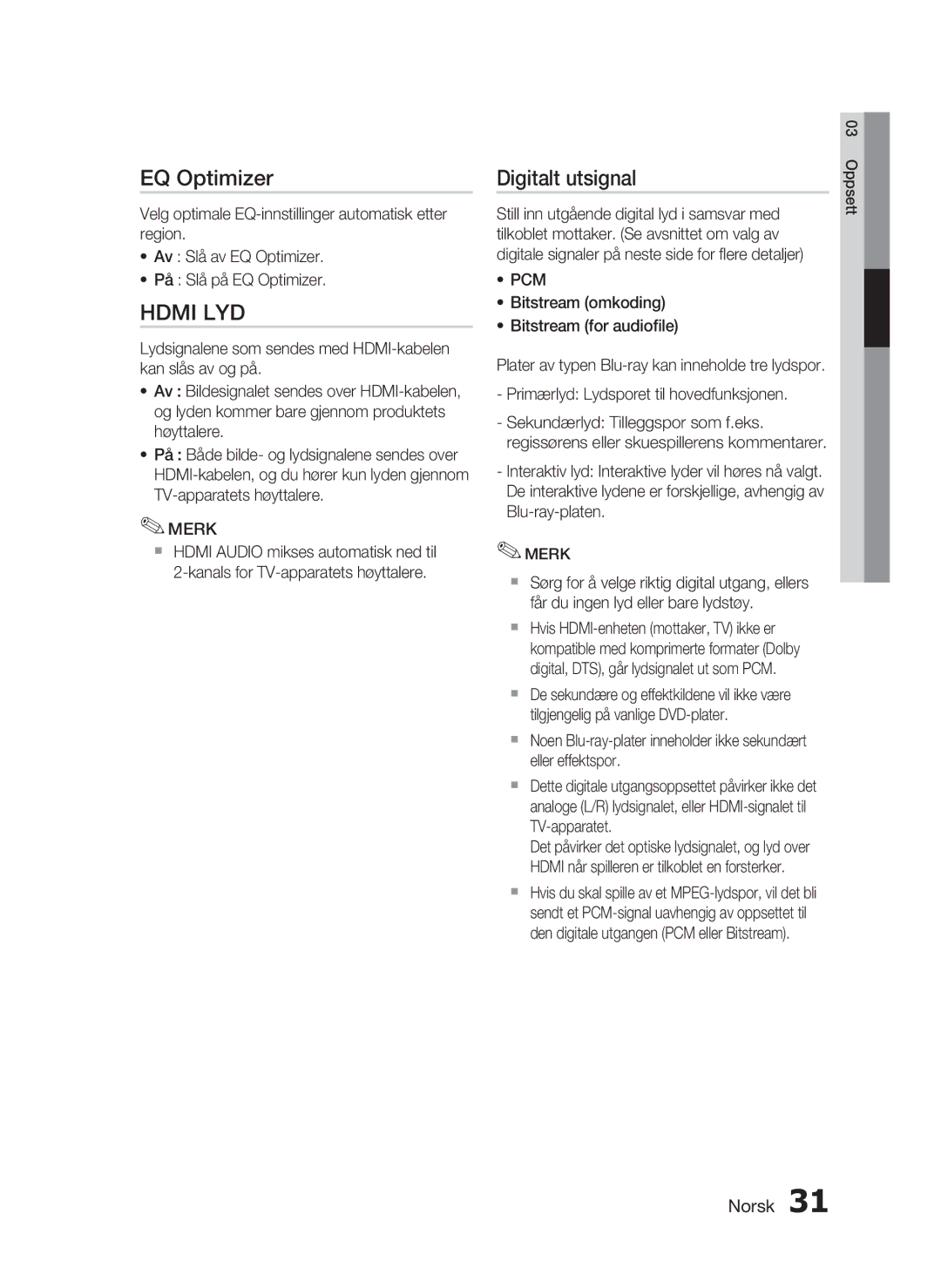 Samsung HT-C7300/XEE manual EQ Optimizer, Digitalt utsignal, Bitstream omkoding Bitstream for audioﬁle 