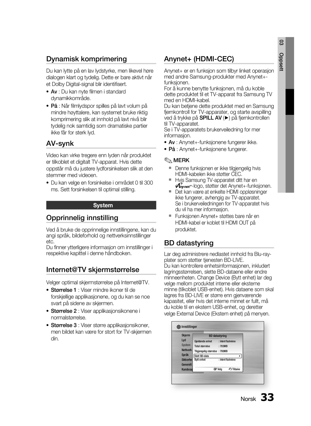 Samsung HT-C7300/XEE Dynamisk komprimering, AV-synk, Opprinnelig innstilling, Internet@TV skjermstørrelse, BD datastyring 