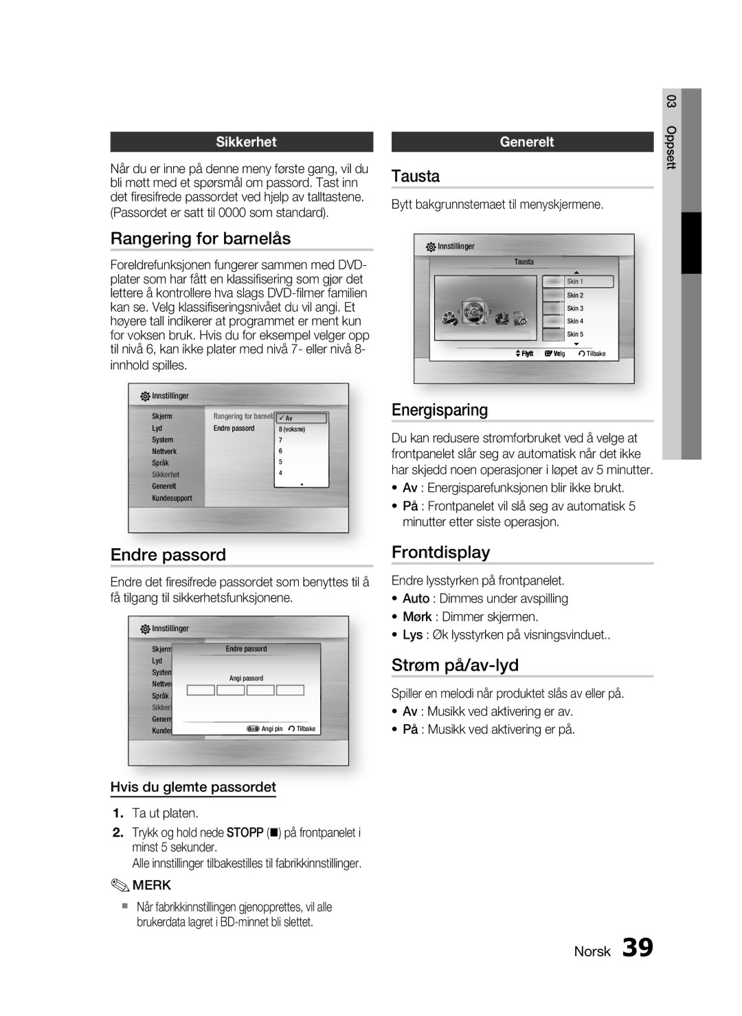 Samsung HT-C7300/XEE manual Rangering for barnelås, Endre passord, Tausta, Energisparing, Frontdisplay, Strøm på/av-lyd 