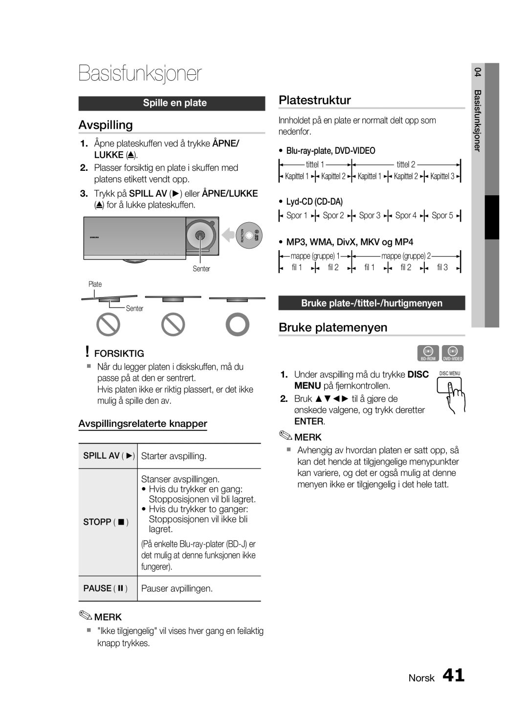 Samsung HT-C7300/XEE manual Basisfunksjoner, Avspilling, Platestruktur, Bruke platemenyen 