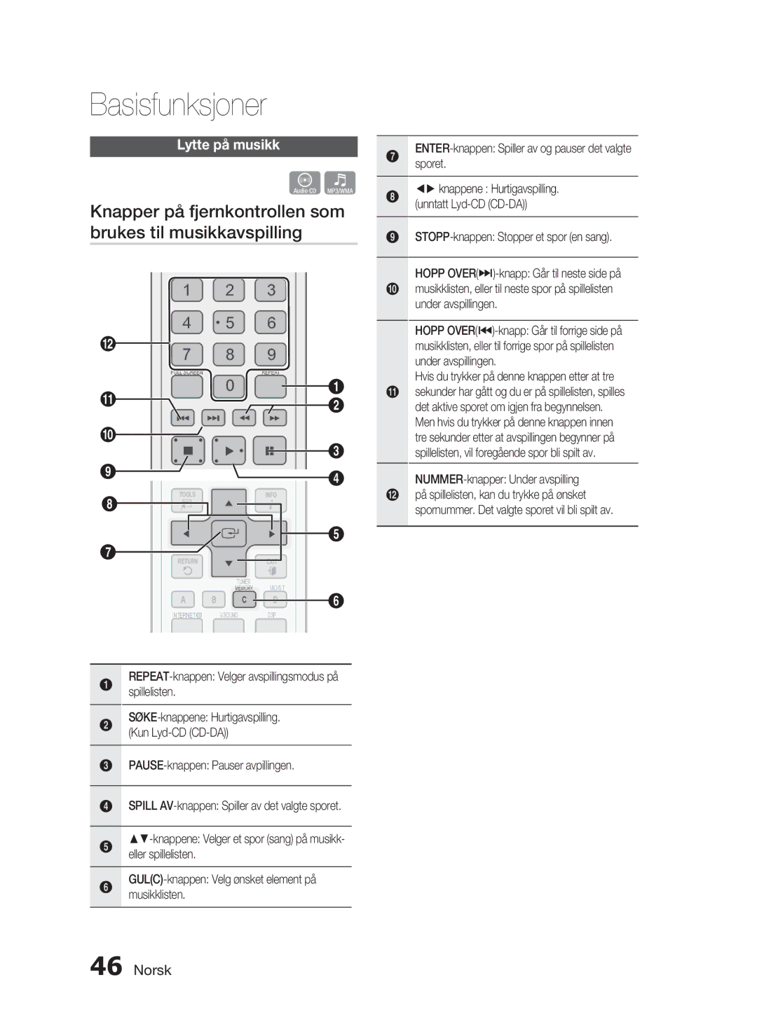 Samsung HT-C7300/XEE manual Knapper på fjernkontrollen som brukes til musikkavspilling, Lytte på musikk 