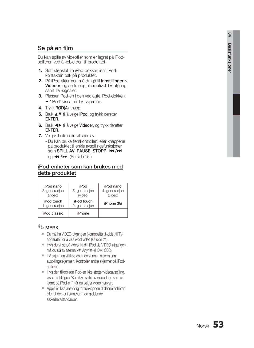 Samsung HT-C7300/XEE manual Se på en ﬁlm, Bruk til å velge Videoer, og trykk deretter, Velg videoﬁlen du vil spille av 