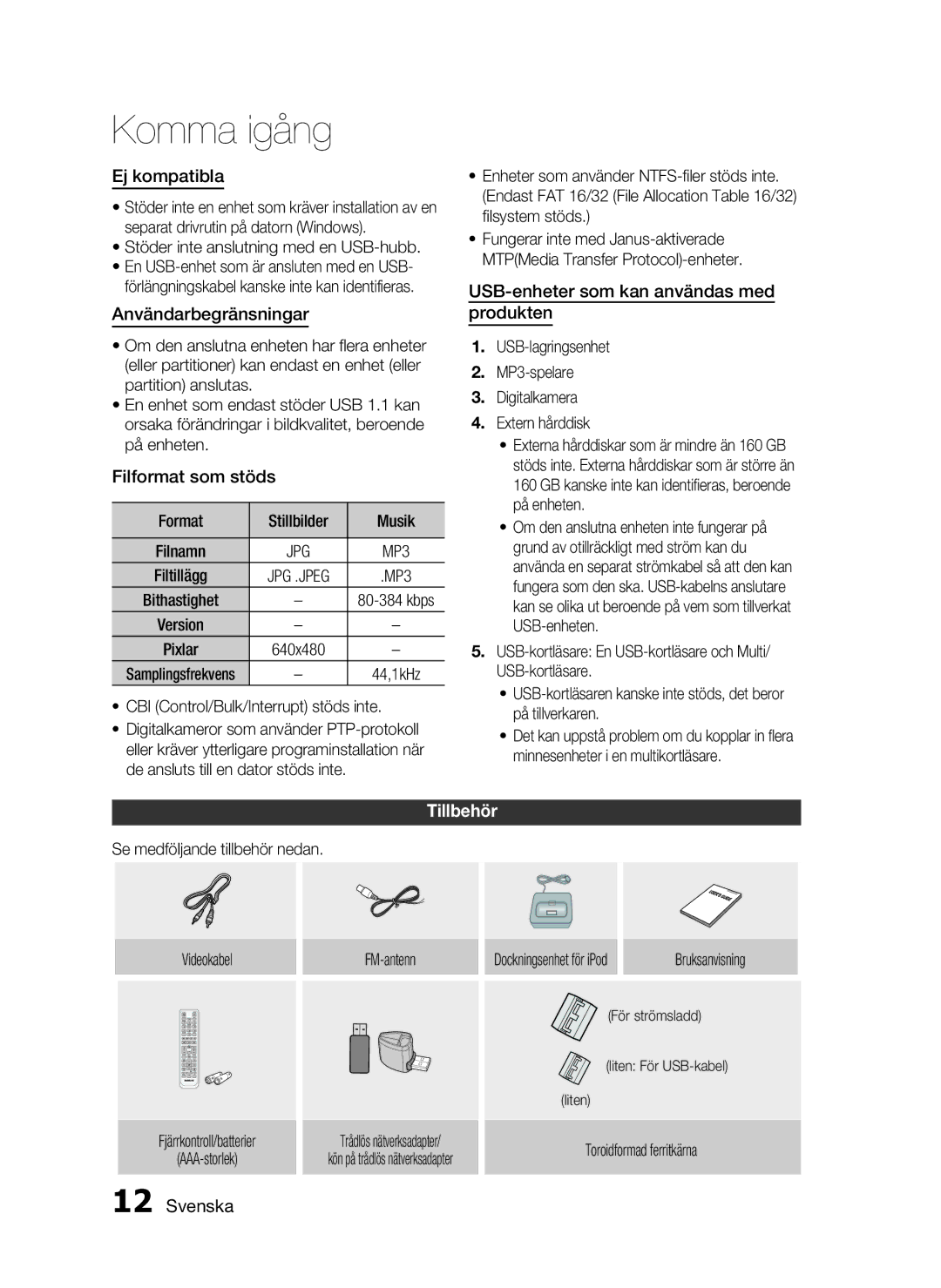 Samsung HT-C7300/XEE Ej kompatibla, Användarbegränsningar, Filformat som stöds, USB-enheter som kan användas med produkten 