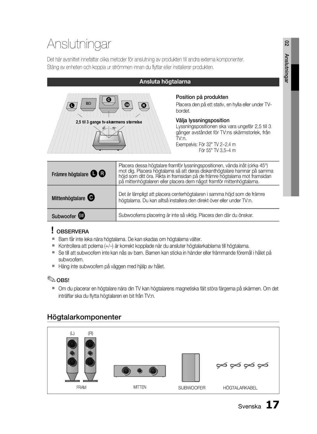 Samsung HT-C7300/XEE manual Anslutningar, Högtalarkomponenter, Ansluta högtalarna 