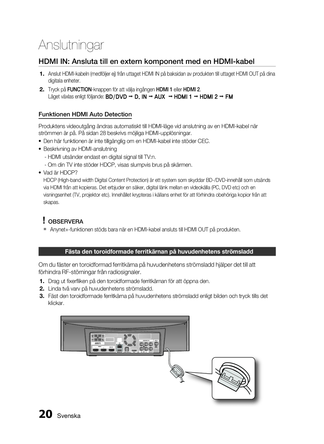 Samsung HT-C7300/XEE manual Hdmi in Ansluta till en extern komponent med en HDMI-kabel, Funktionen Hdmi Auto Detection 