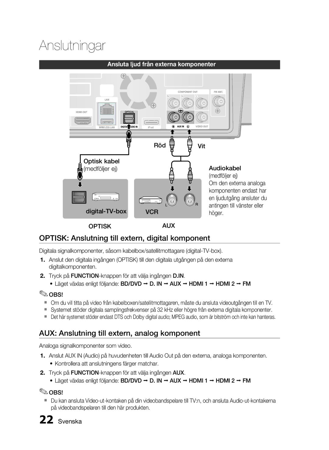 Samsung HT-C7300/XEE Optisk Anslutning till extern, digital komponent, AUX Anslutning till extern, analog komponent, Vit 