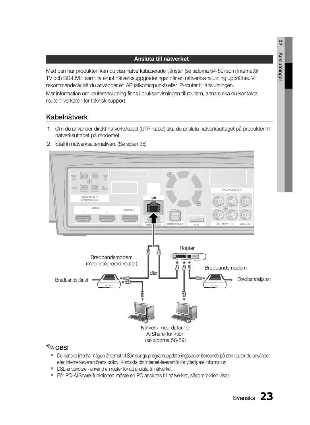 Samsung HT-C7300/XEE manual Ansluta till nätverket, Bredbandsmodem Med integrerad router Bredbandstjänst 