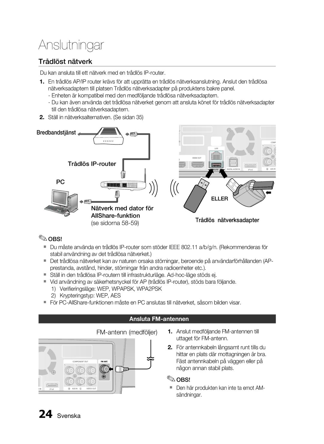 Samsung HT-C7300/XEE manual Bredbandstjänst Trådlös IP-router, Nätverk med dator för AllShare-funktion, Se sidorna 