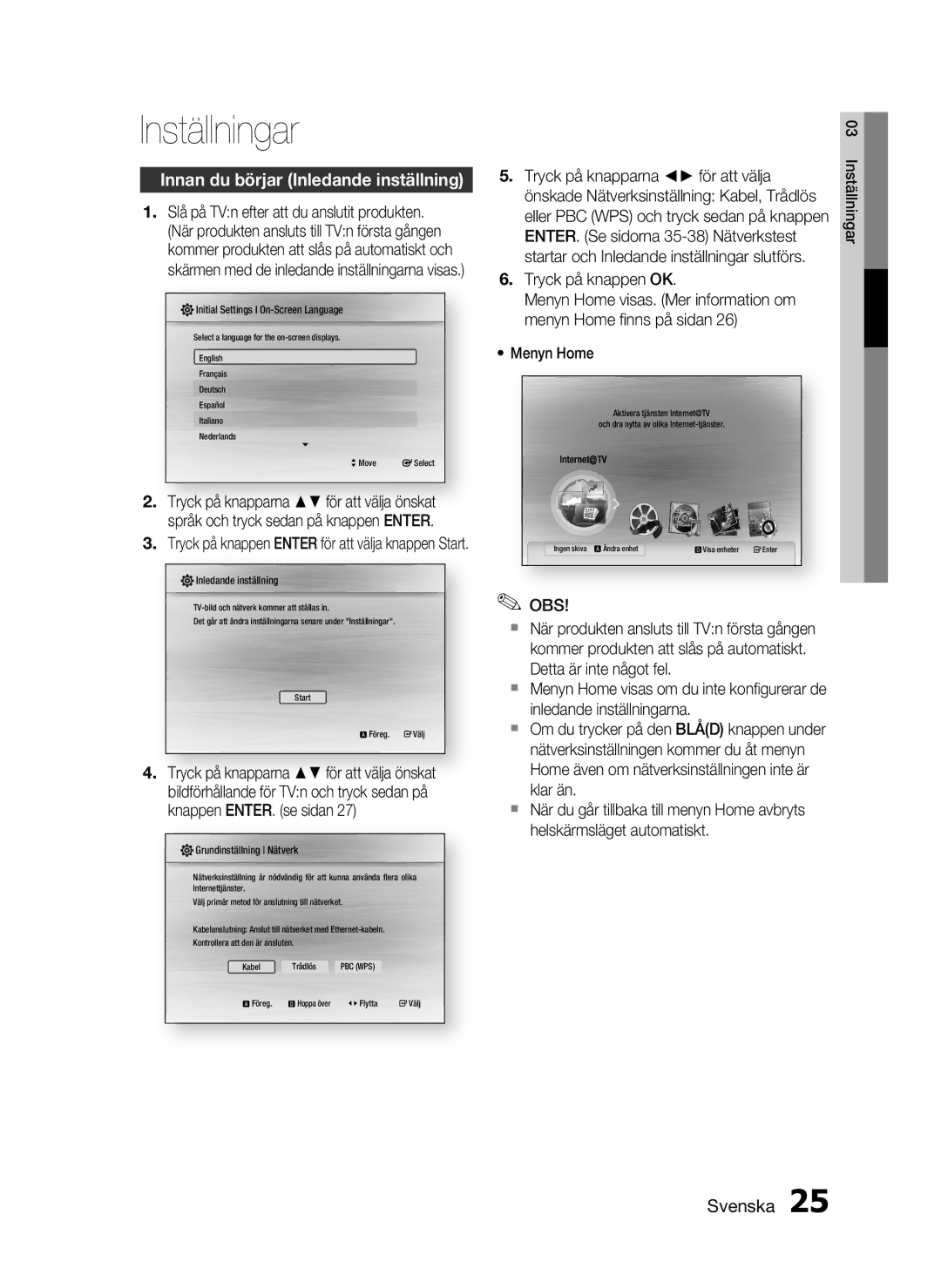 Samsung HT-C7300/XEE manual Inställningar, Innan du börjar Inledande inställning, ENTER. Se sidorna 35-38 Nätverkstest 