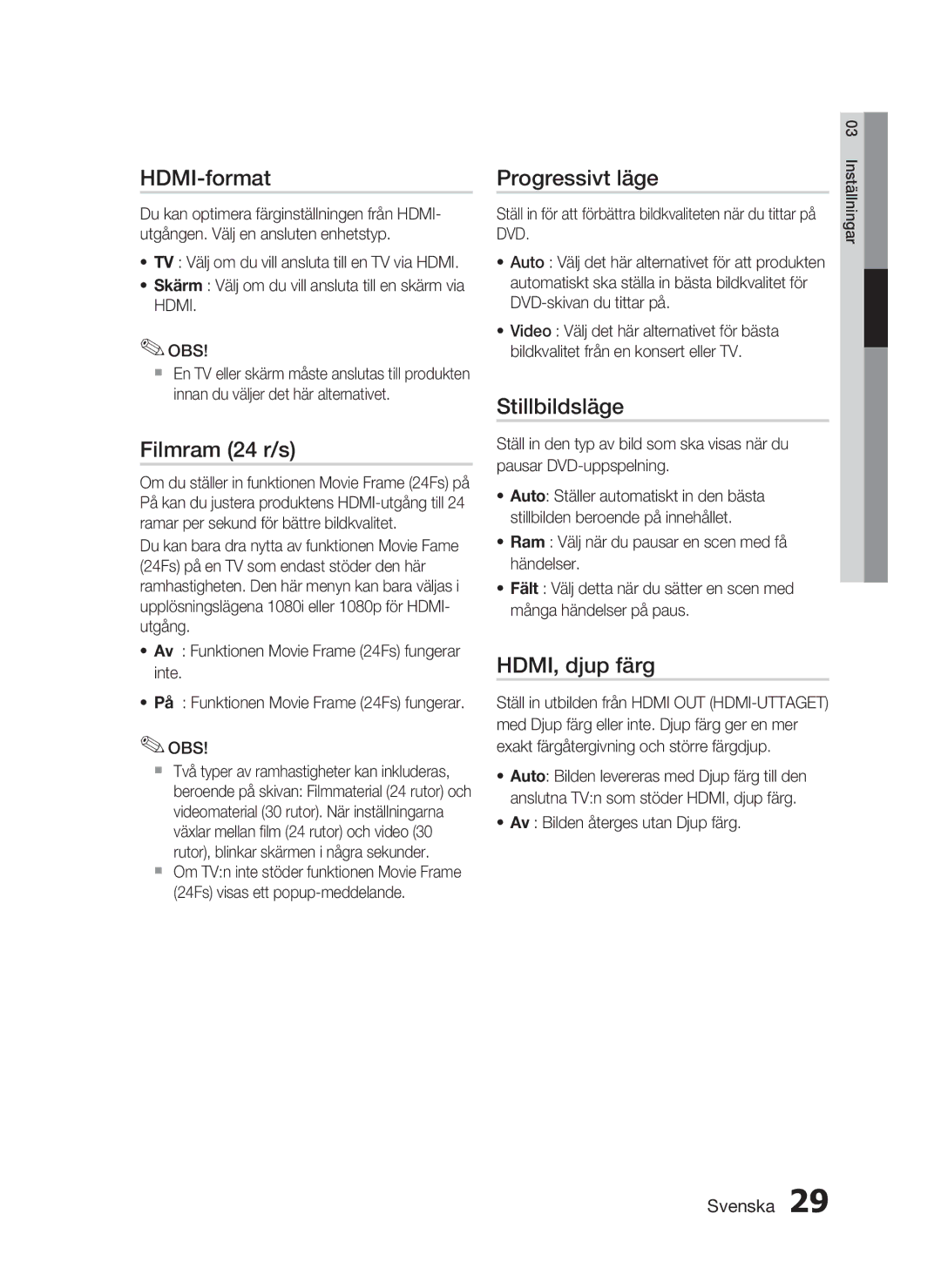 Samsung HT-C7300/XEE manual HDMI-format, Filmram 24 r/s, Progressivt läge, Stillbildsläge, HDMI, djup färg 