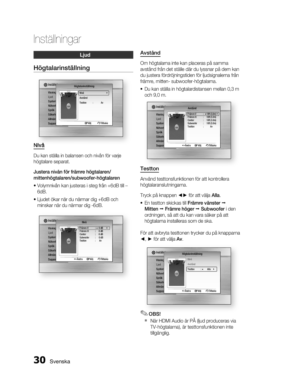 Samsung HT-C7300/XEE manual Högtalarinställning, Ljud, Nivå, Avstånd, Testton 