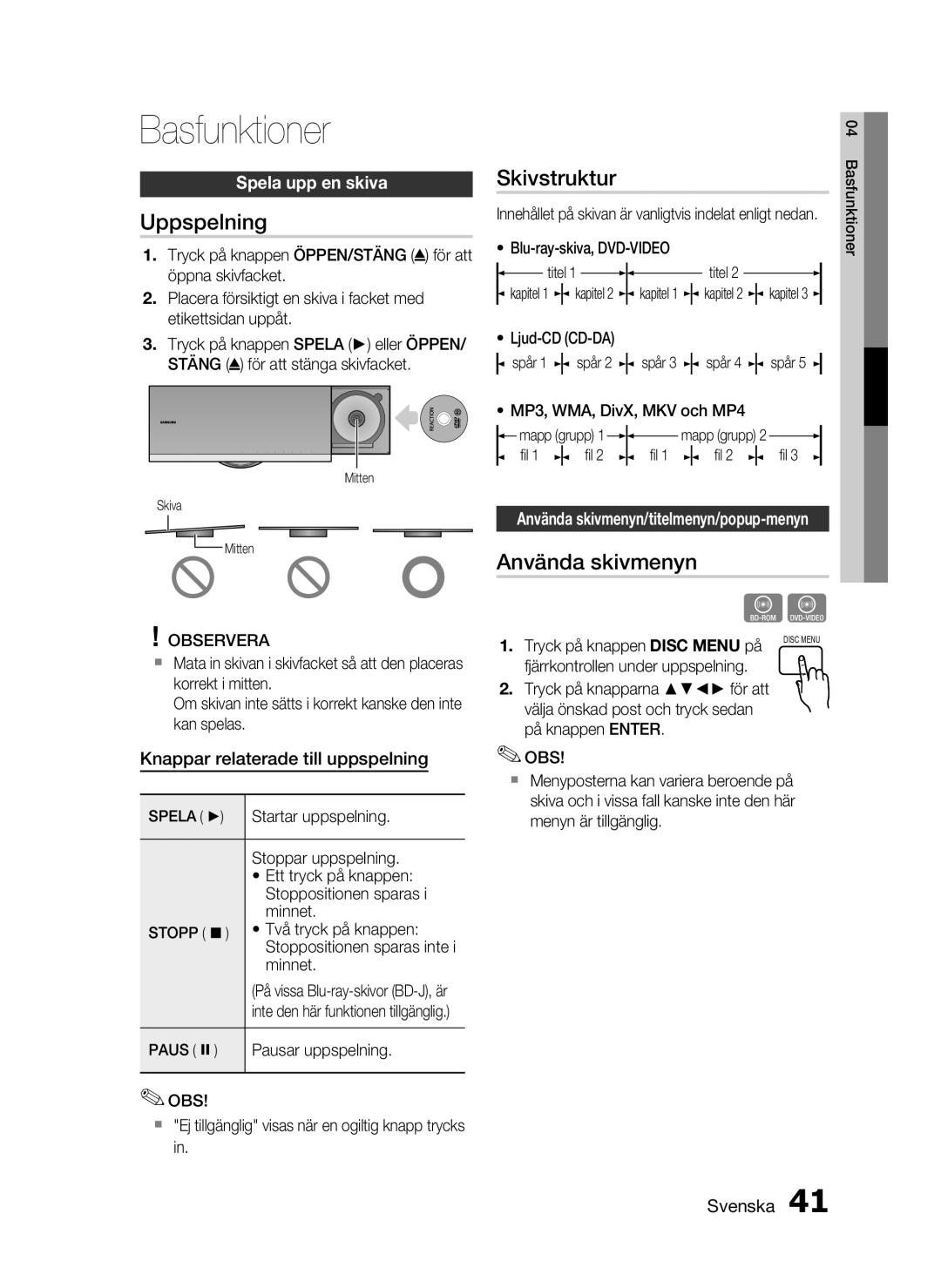 Samsung HT-C7300/XEE manual Basfunktioner, Uppspelning, Skivstruktur, Använda skivmenyn 