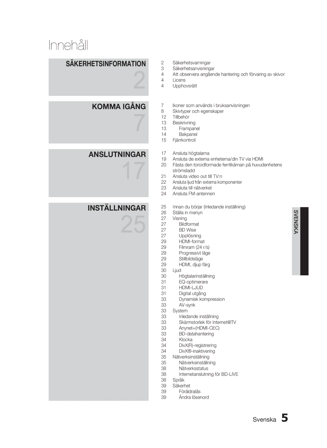 Samsung HT-C7300/XEE manual Innehåll, Säkerhetsinformation 