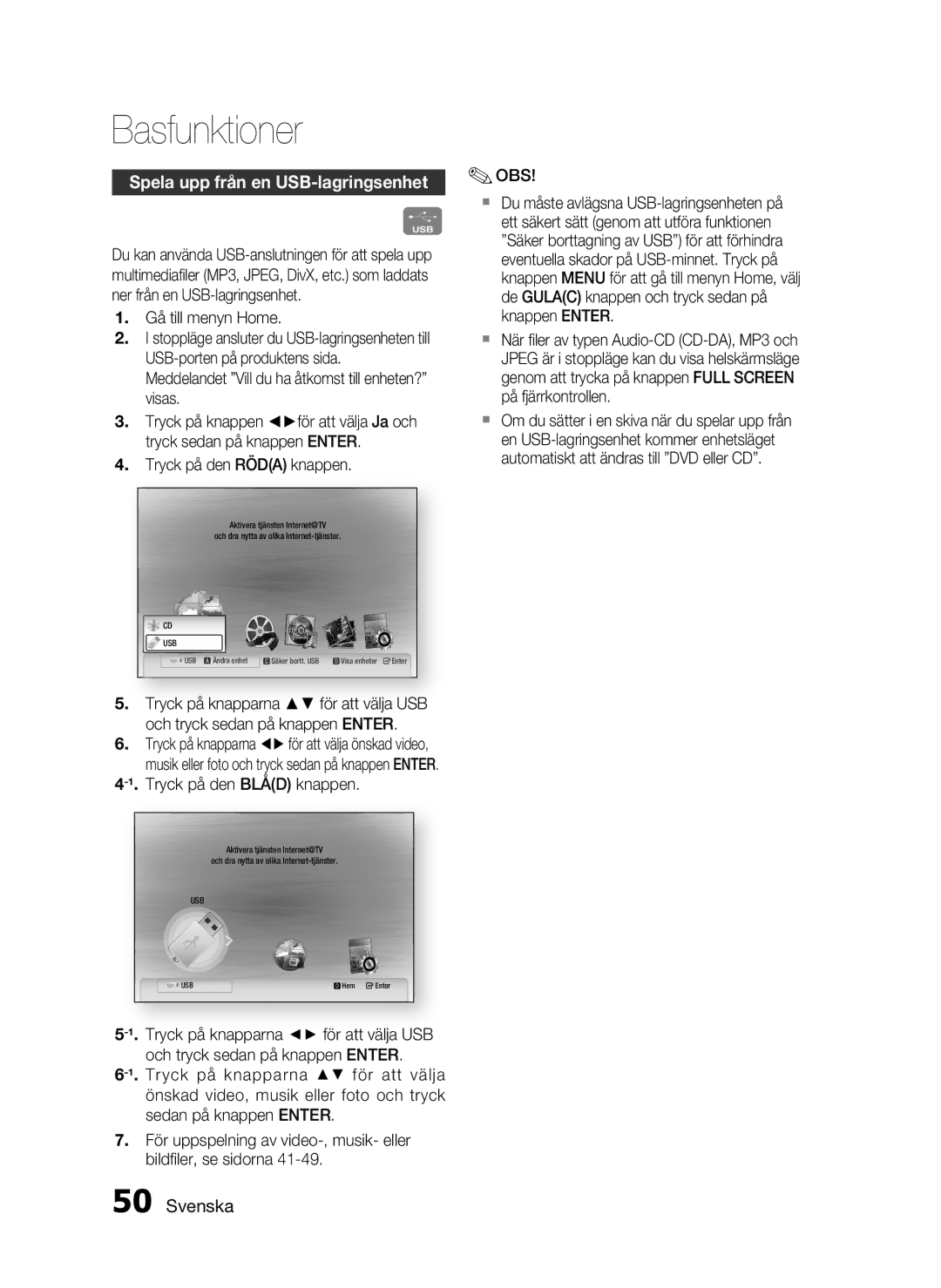 Samsung HT-C7300/XEE manual Spela upp från en USB-lagringsenhet, Gå till menyn Home 