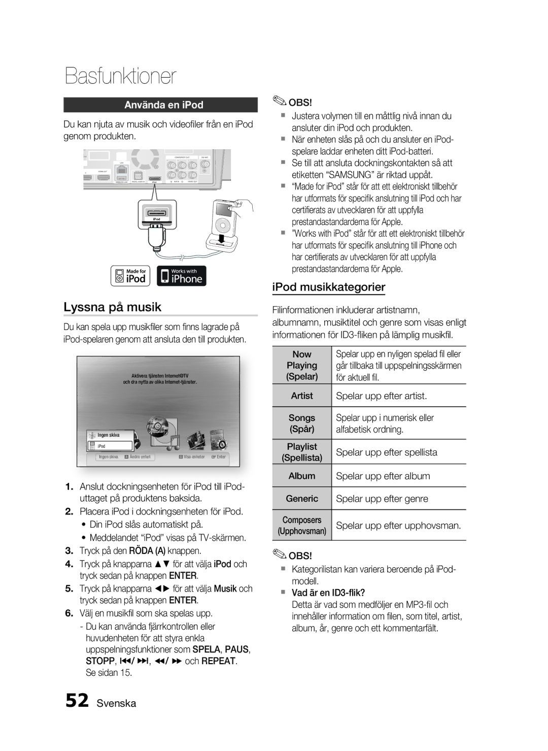 Samsung HT-C7300/XEE manual Lyssna på musik, Använda en iPod 