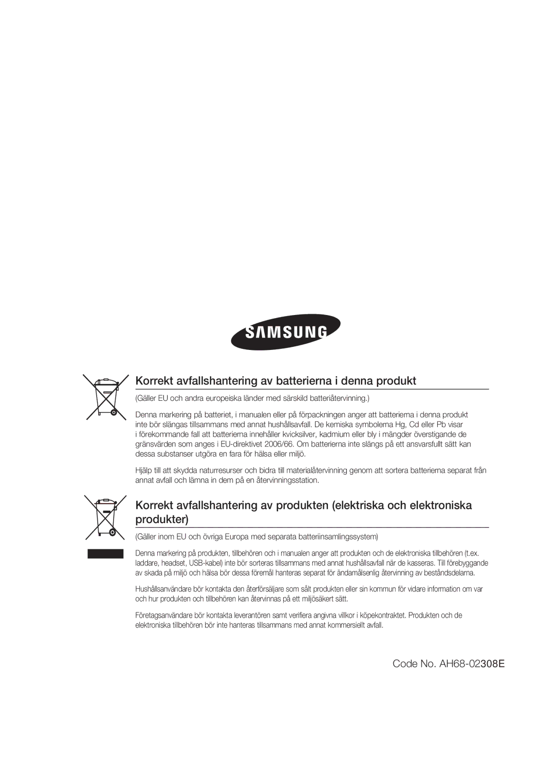 Samsung HT-C7300/XEE manual Korrekt avfallshantering av batterierna i denna produkt 