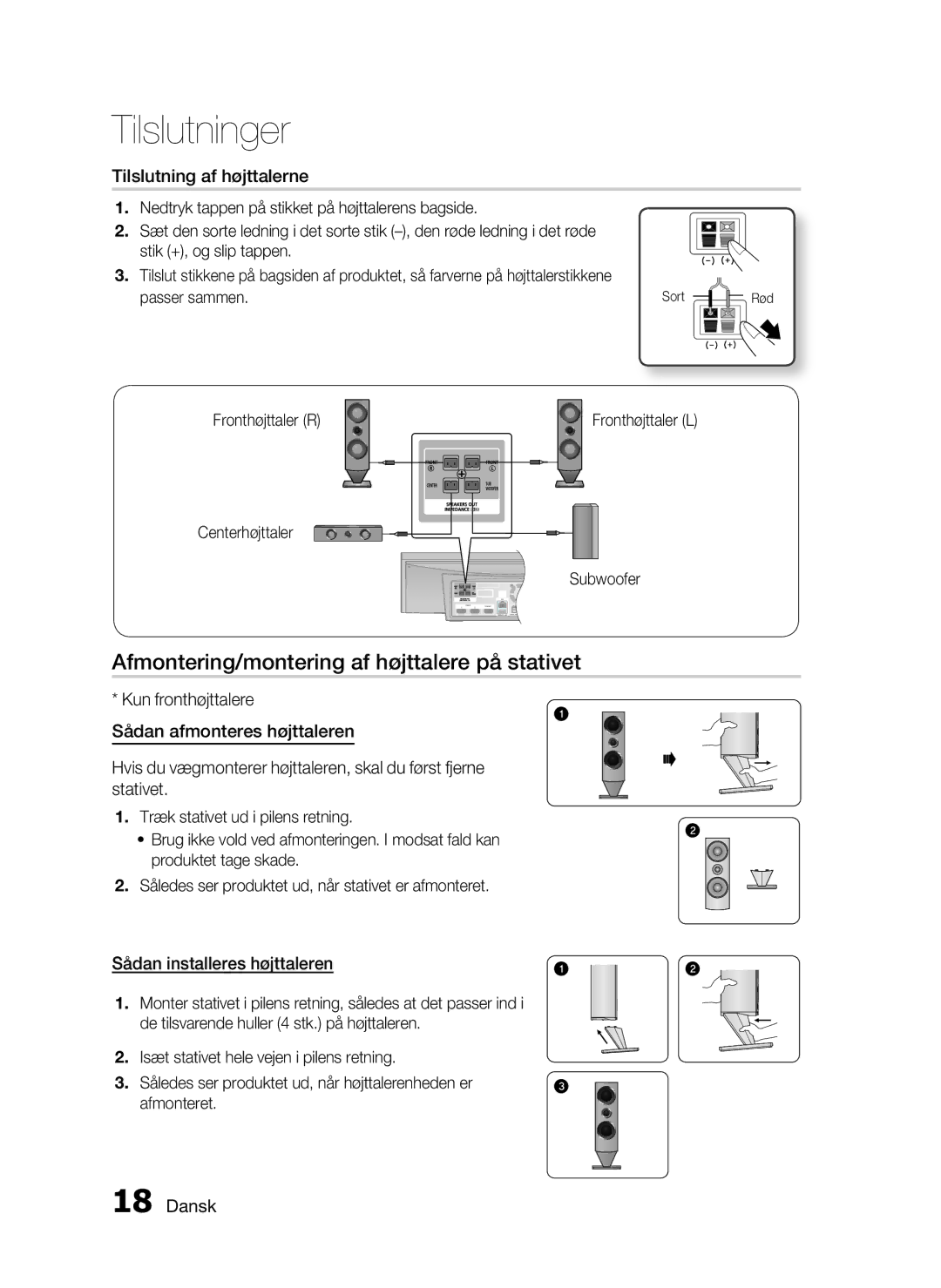 Samsung HT-C7300/XEE manual Afmontering/montering af højttalere på stativet, Tilslutning af højttalerne, Fronthøjttaler R 