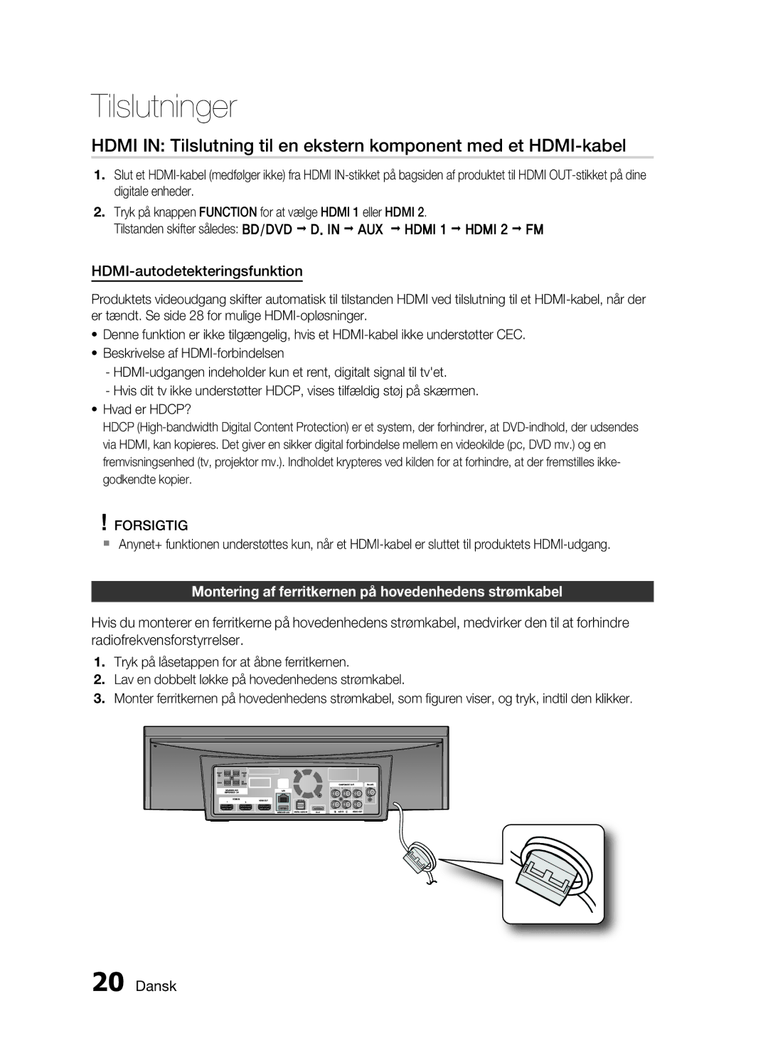 Samsung HT-C7300/XEE manual HDMI-autodetekteringsfunktion, Montering af ferritkernen på hovedenhedens strømkabel 