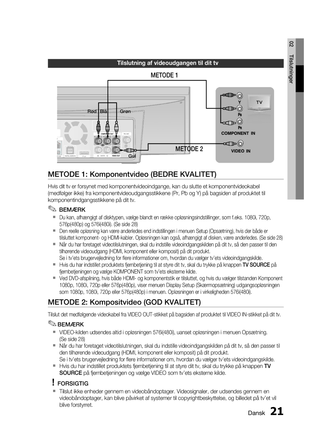 Samsung HT-C7300/XEE manual Metode 1 Komponentvideo Bedre Kvalitet, Metode 2 Kompositvideo GOD Kvalitet 