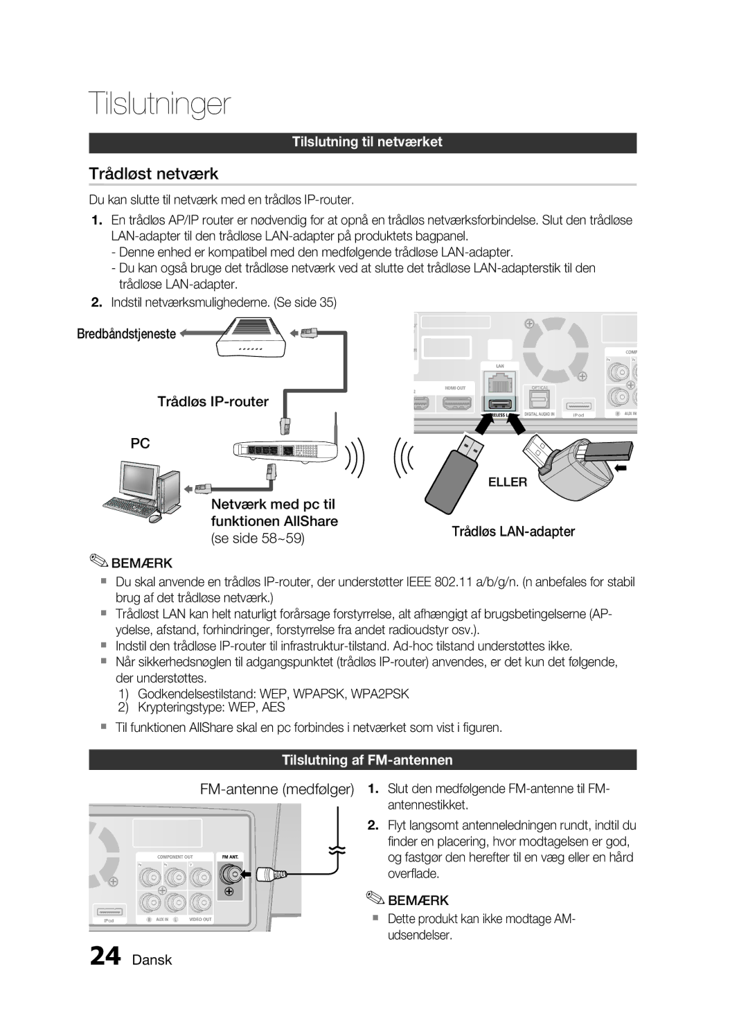 Samsung HT-C7300/XEE manual Trådløs LAN-adapter, Tilslutning af FM-antennen, Eller 