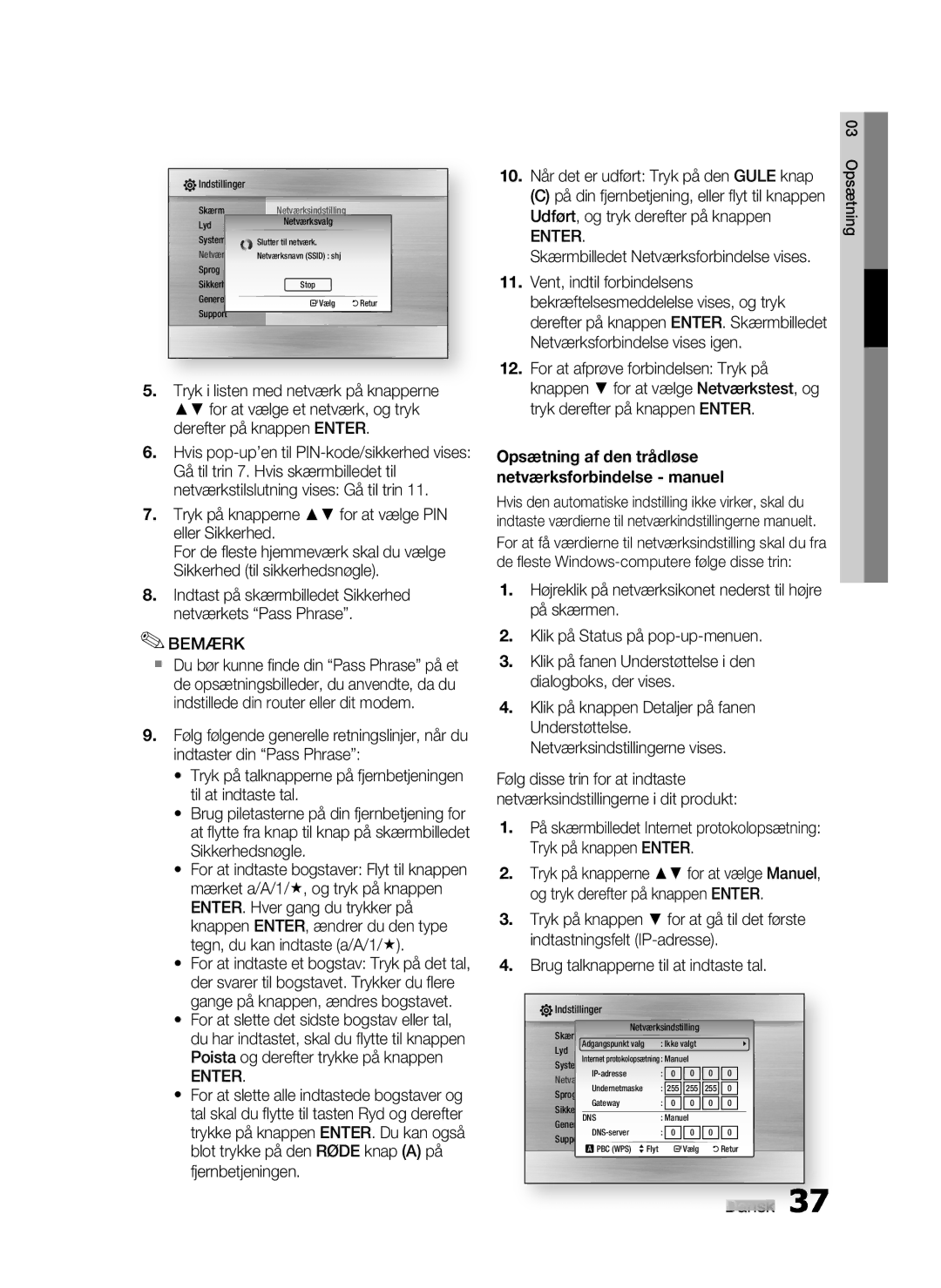 Samsung HT-C7300/XEE manual Skærmbilledet Netværksforbindelse vises, Opsætning af den trådløse netværksforbindelse manuel 