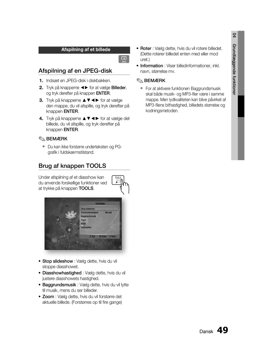 Samsung HT-C7300/XEE manual Afspilning af en JPEG-disk, Brug af knappen Tools, Afspilning af et billede 