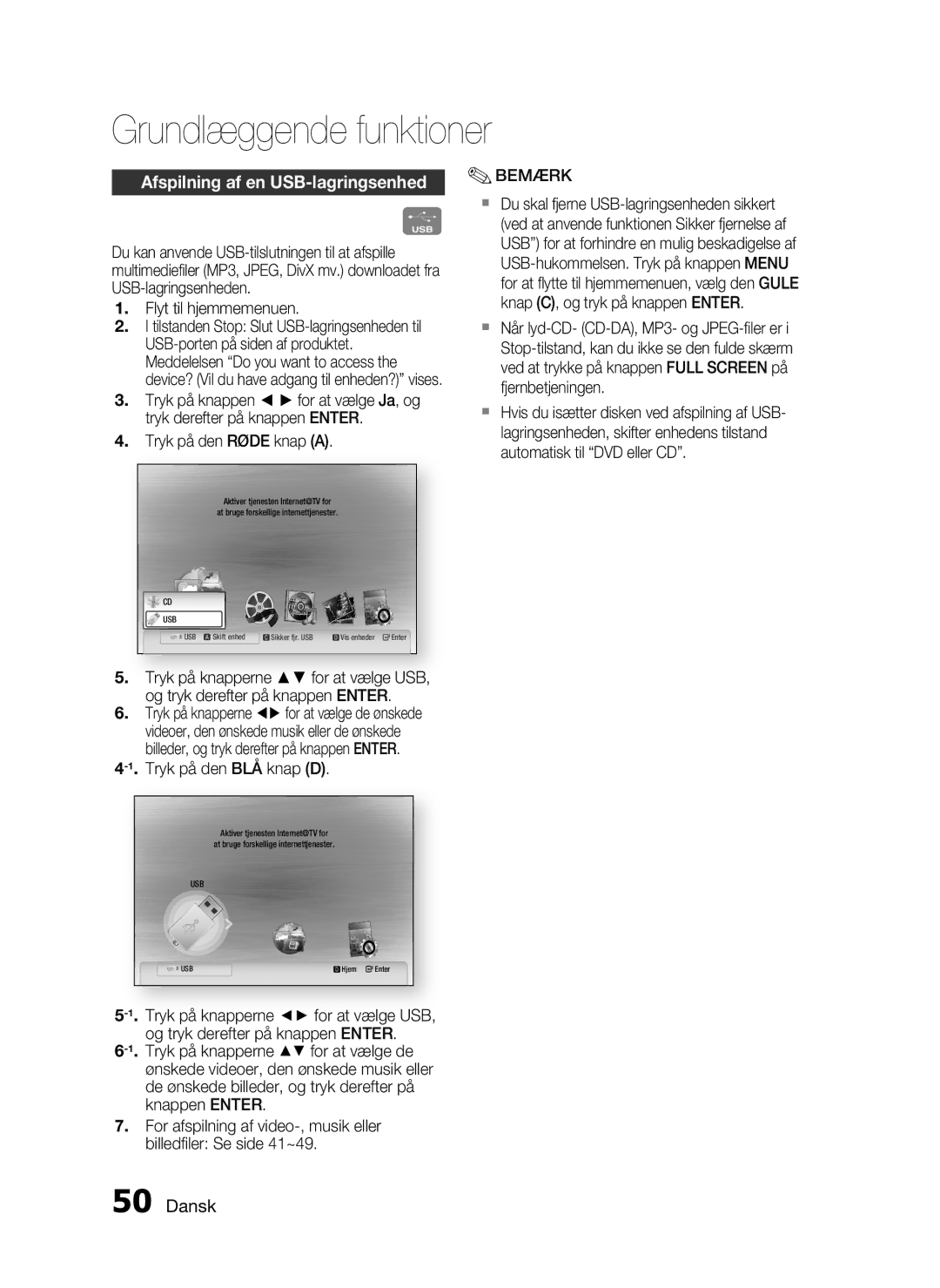 Samsung HT-C7300/XEE manual Afspilning af en USB-lagringsenhed, Tryk på den BLÅ knap D 