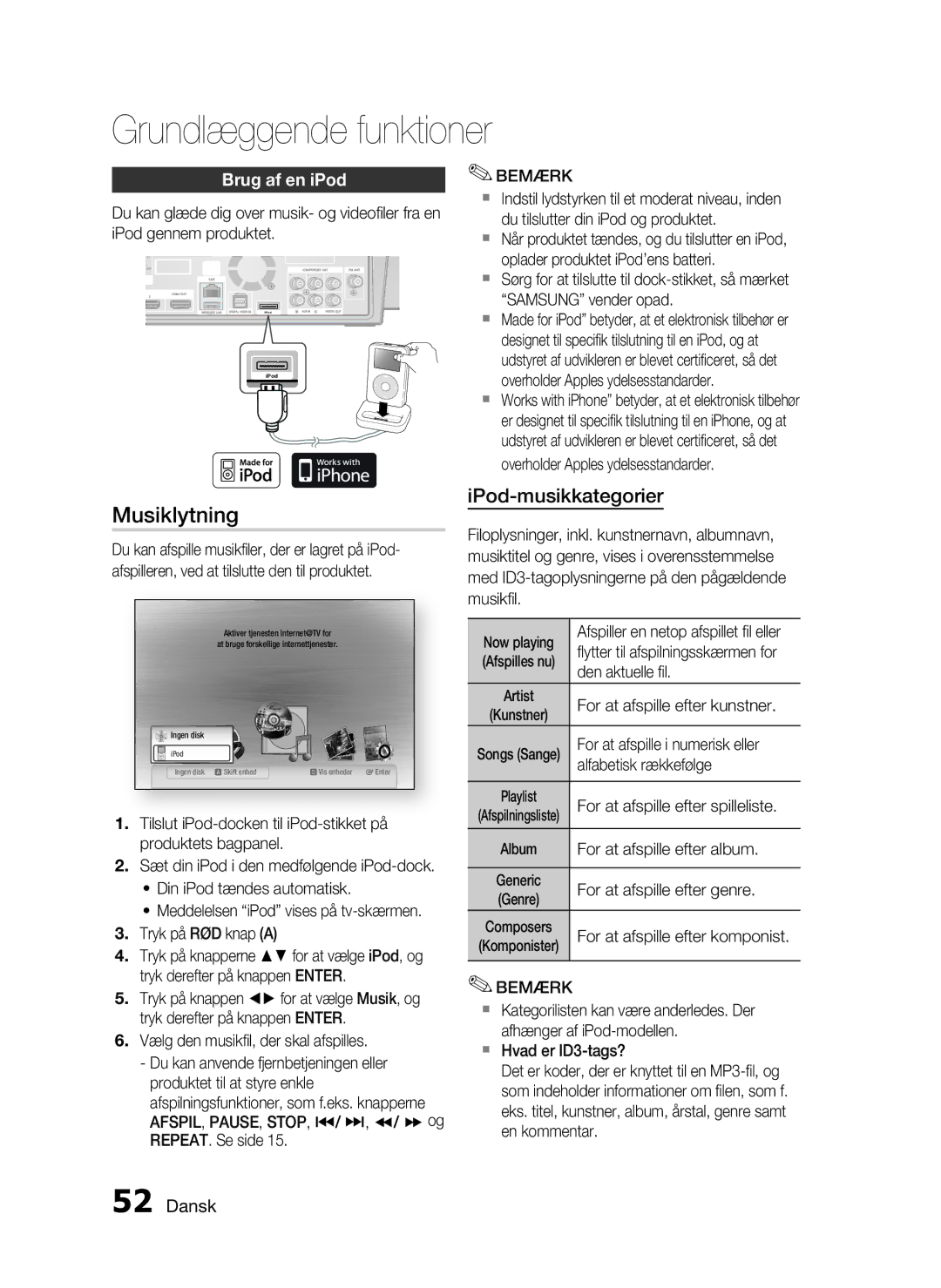 Samsung HT-C7300/XEE manual Musiklytning, Brug af en iPod 