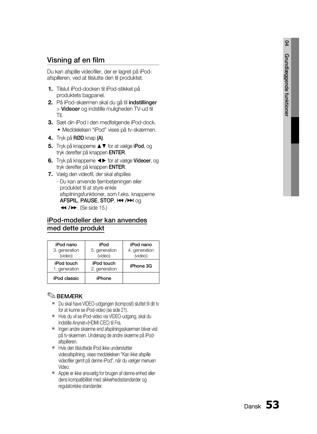 Samsung HT-C7300/XEE manual Visning af en ﬁlm, Vælg den videoﬁl, der skal afspilles,  /. Se side 