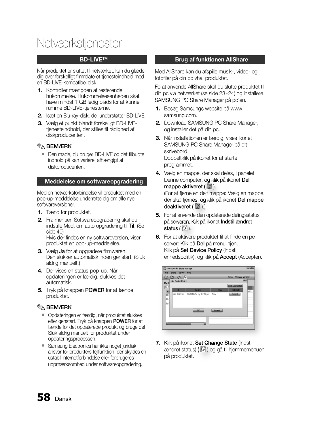 Samsung HT-C7300/XEE manual Bd-Live, Meddelelse om softwareopgradering 