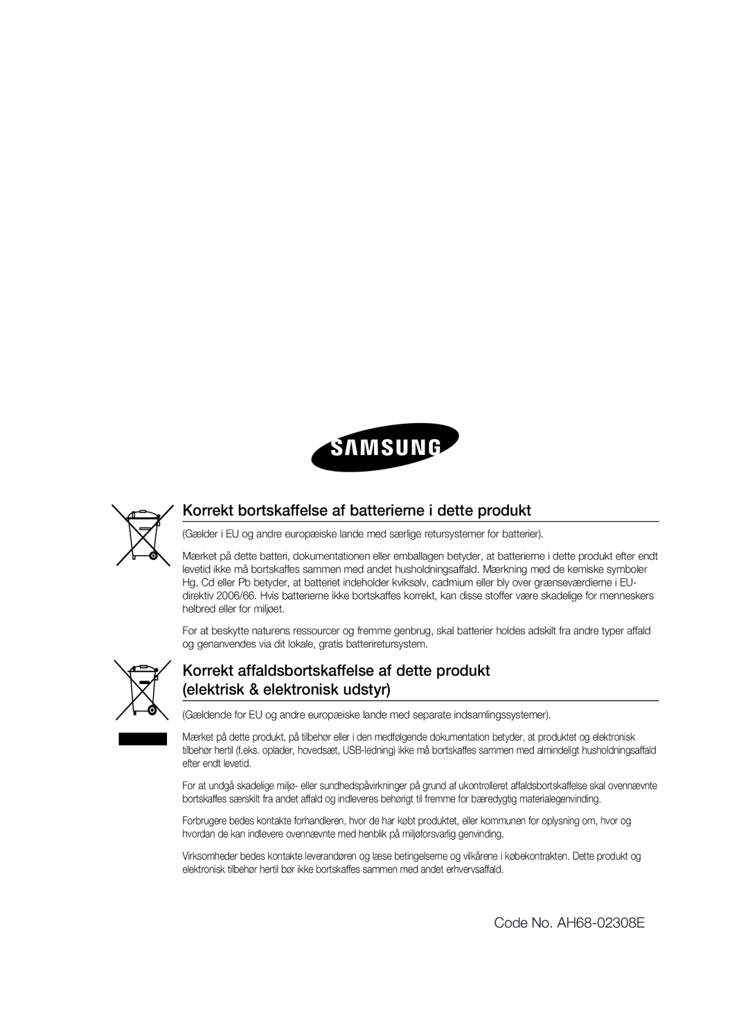 Samsung HT-C7300/XEE manual Korrekt bortskaffelse af batterierne i dette produkt 