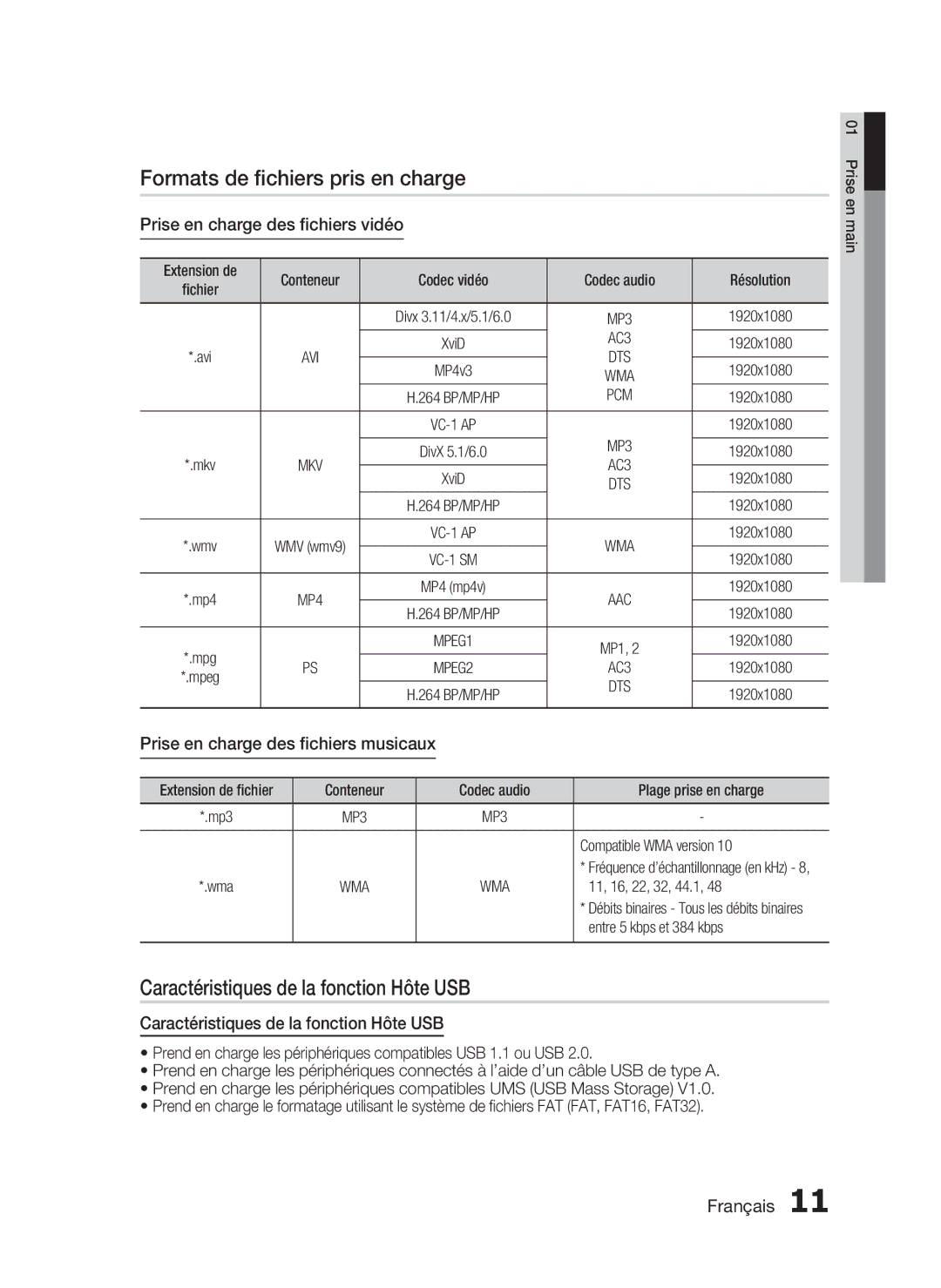 Samsung HT-C7300/XEF manual Formats de ﬁchiers pris en charge, Caractéristiques de la fonction Hôte USB 