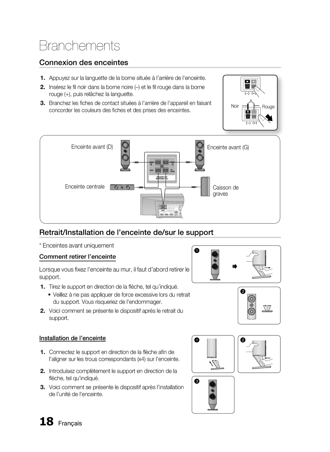 Samsung HT-C7300/XEF manual Connexion des enceintes, Retrait/Installation de l’enceinte de/sur le support, Enceinte avant D 