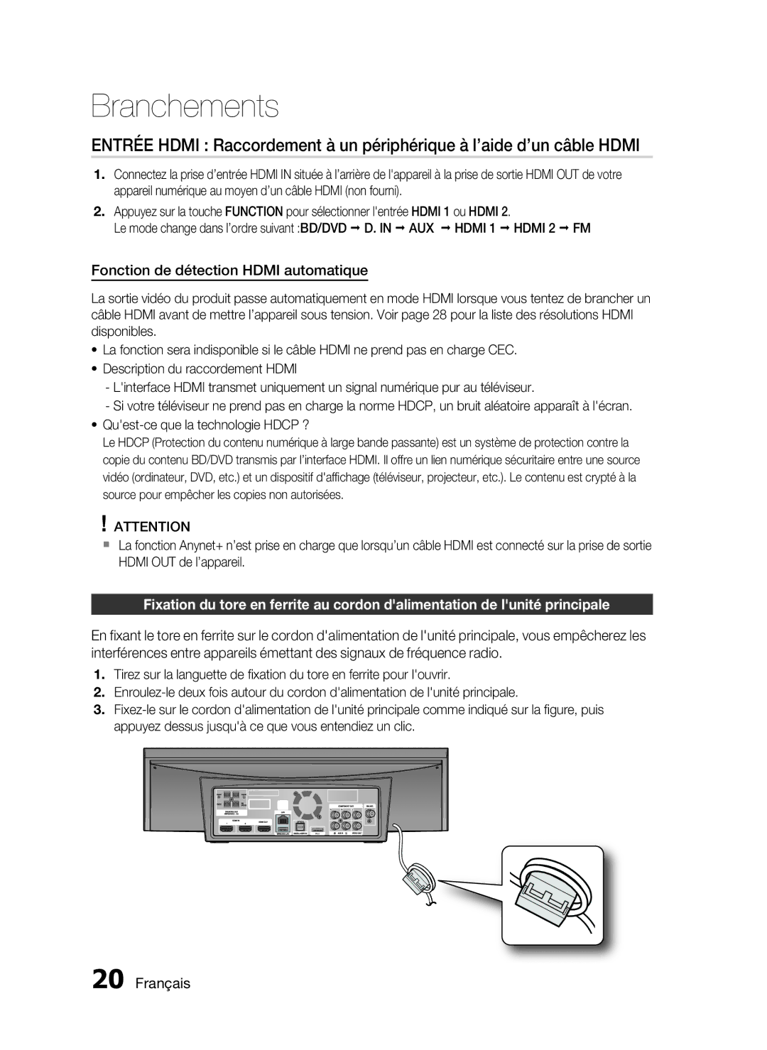 Samsung HT-C7300/XEF manual Fonction de détection Hdmi automatique 